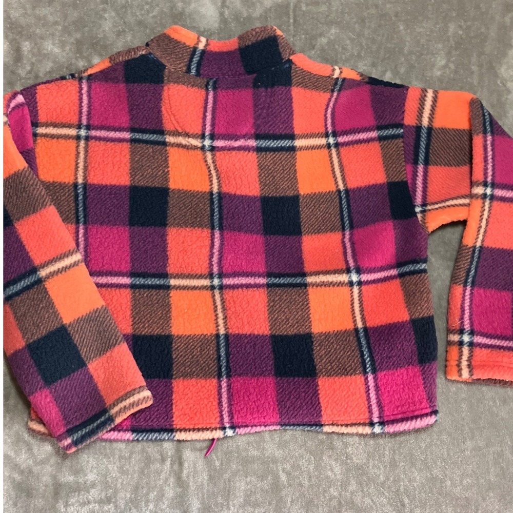 NEW American Eagle Plaid Fleece Cropped Pullover Sweatshirt S Pink Orange NWT - Picture 2 of 8